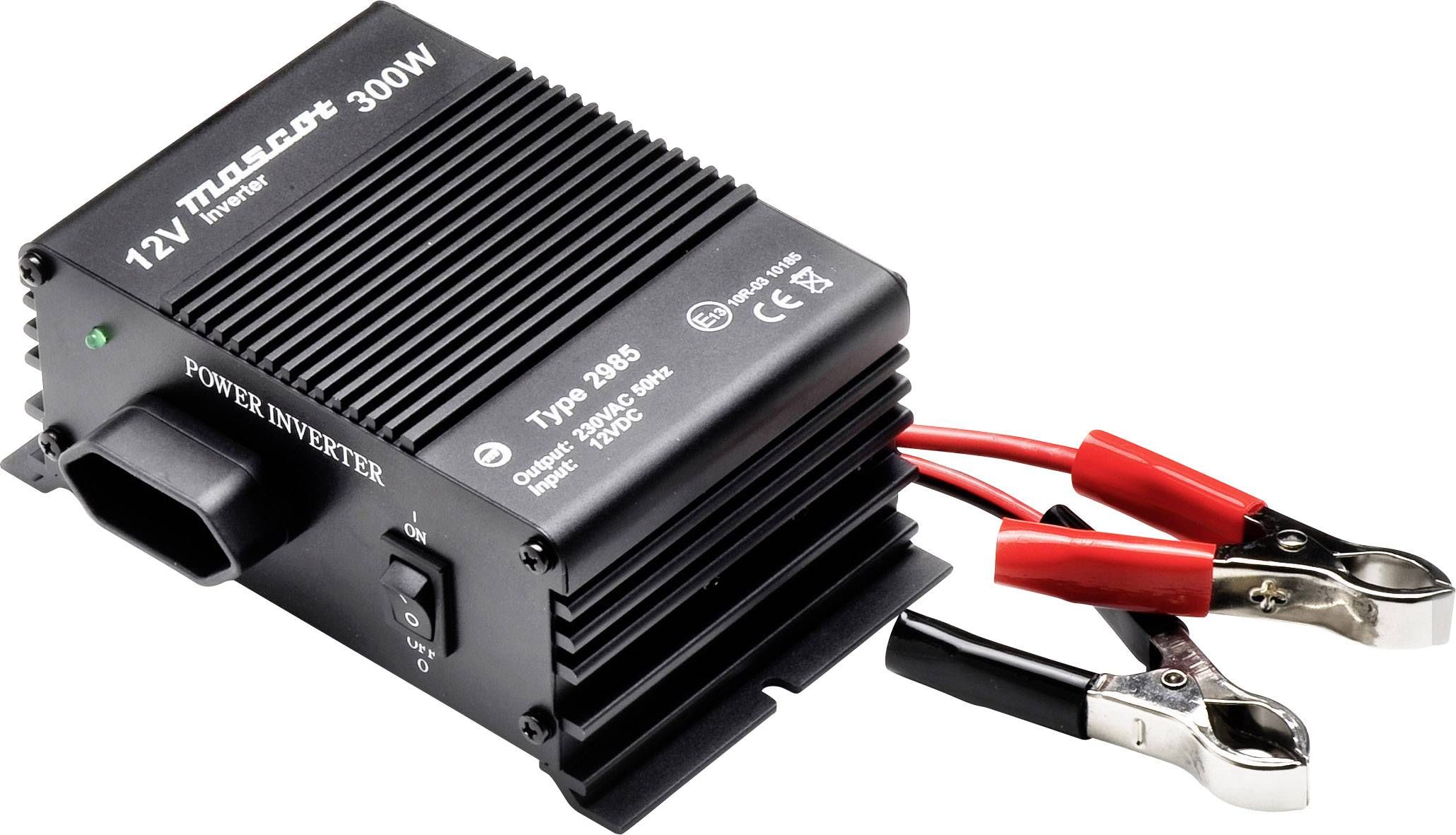 Schwarzer Spannungswandler 12V, 300W mit roten und schwarzen Krokodilklemmen und einem Ein/Aus-Schalter, Modell 'Typ 2885'.