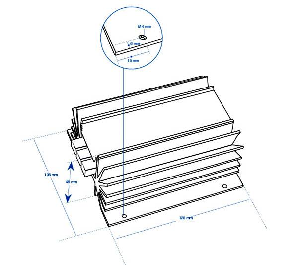 Technische Zeichnung eines Kühlkörpers: Maße 120 mm x 105 mm x 40 mm. Detailansicht zeigt 4 mm Bohrung mit 15 mm Abstand.