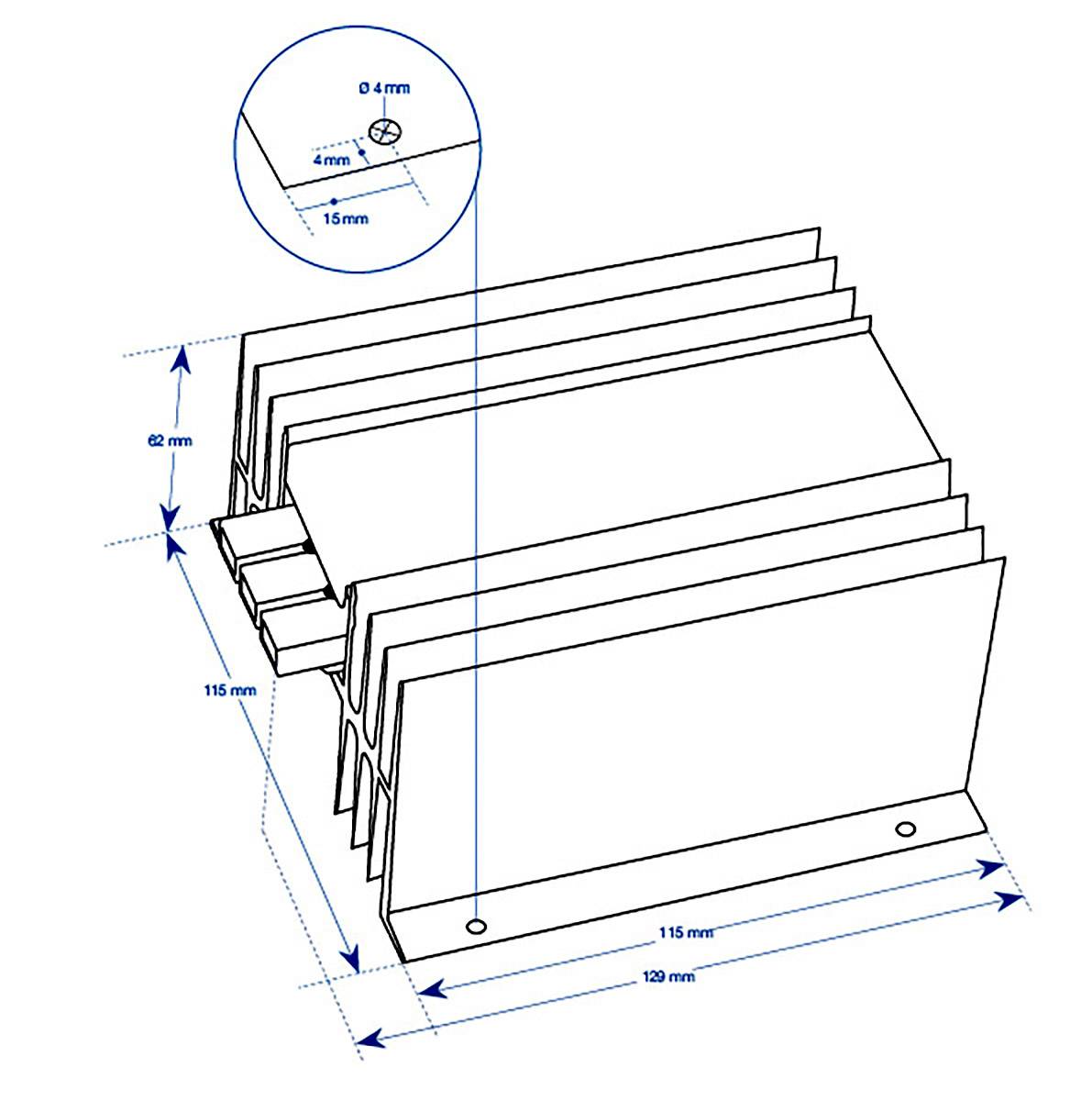 Technische Zeichnung eines Kühlkörpers mit mehreren Rippen. Maße: 115 mm x 129 mm x 62 mm. Detail zeigt Loch mit 4 mm Durchmesser.