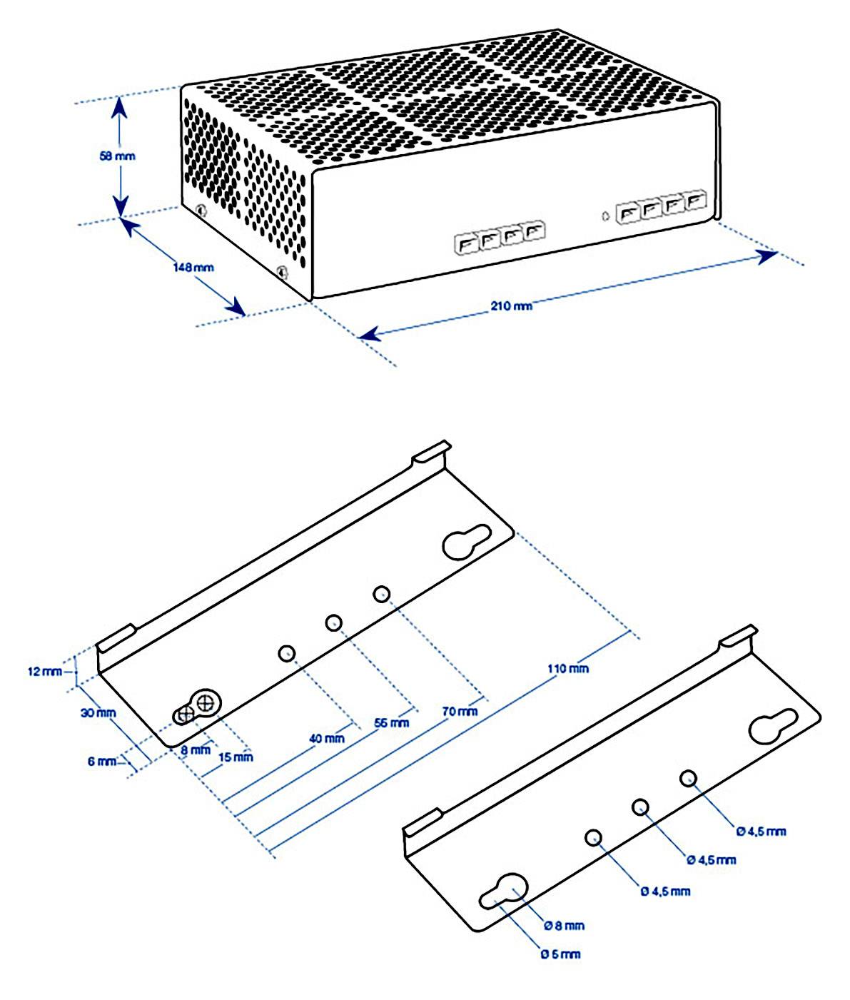Ein Blockdiagramm zeigt die Abmessungen eines rechteckigen Geräts und einer Montagehalterung mit detaillierten Maßangaben in Millimetern.