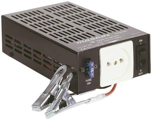 Spannungswandler mit Steckdose, Sicherung und Krokodilklemmen. Eingangsleistung um 12 Volt, Ausgang bei 230 Volt.