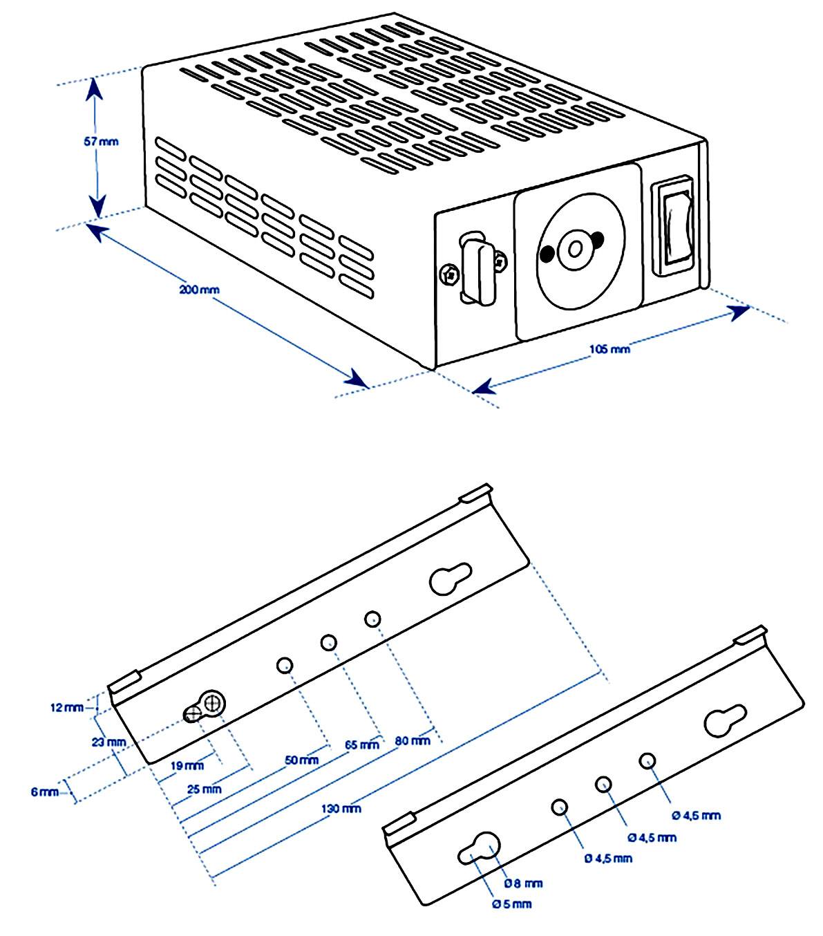 Einbauskizze eines rechteckigen Schaltnetzteils mit Abmessungen: 200 mm x 105 mm x 57 mm. Detailansichten von Montagehaltern.