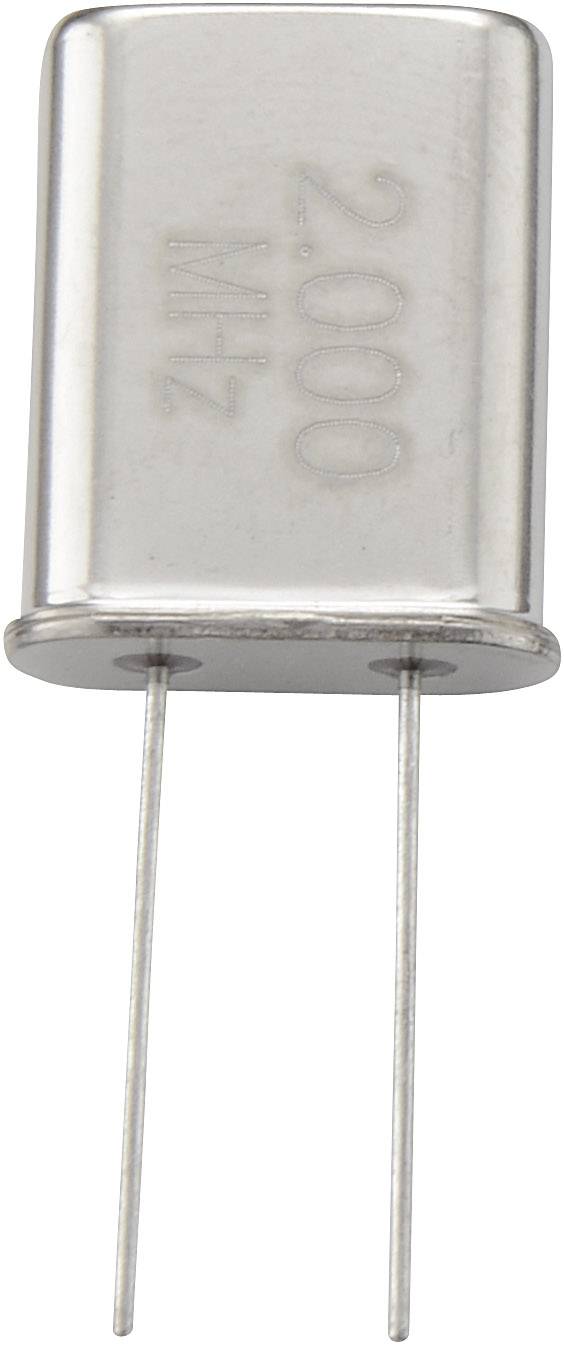 Ein Metall-Quarz-Oszillator mit zwei Pins. Gehäuseaufdruck: 'M4T 2000'. Wird in elektronischen Schaltungen zur Frequenzstabilisierung verwendet.
