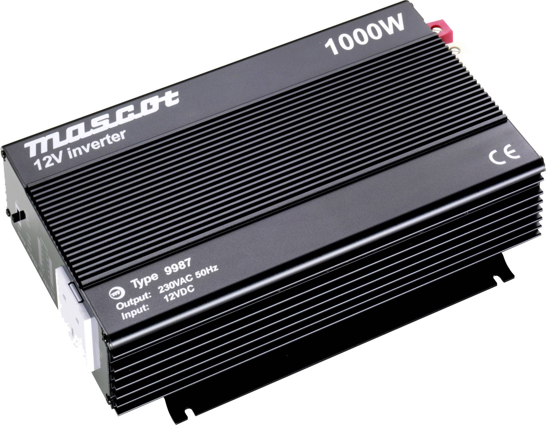 Schwarzer 12V Wechselrichter der Marke Mascot mit einer Leistung von 1000W. Zeigt technische Spezifikationen und CE-Kennzeichnung auf der Oberfläche.