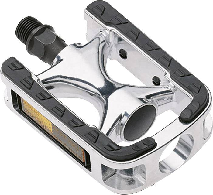 Fahrradpedal aus Metall mit schwarzem Gummigriff und seitlichem Reflektor.