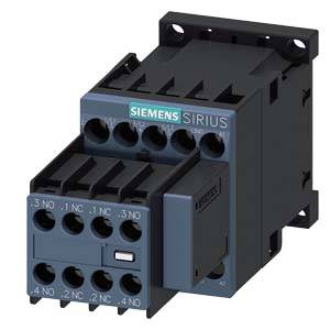 Ein schwarzer Siemens Sirius Schütz mit mehreren Anschlussklemmen, geeignet für industrielle Anwendungen zur Steuerung von elektrischen Schaltvorgängen.