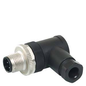 M12-Stecker, schwarz, mit metallischem Schraubgewinde, für industrielle Verbindungslösungen; zeigt Seitenansicht eines Winkelsteckers.