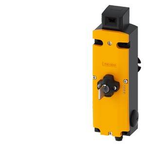 Ein gelbes Sicherheitsschaltgerät mit schwarzem Gehäuse oben, Schraubanschlüssen und einem drehbaren Aktuatorhebel. Entwurf von IDEM Safety Switches.