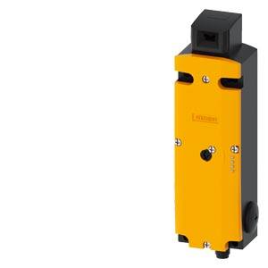 Ein rechteckiges gelb-schwarzes Sicherheitsschaltergehäuse mit Schrauben und einem quadratischen Anschluss oben.