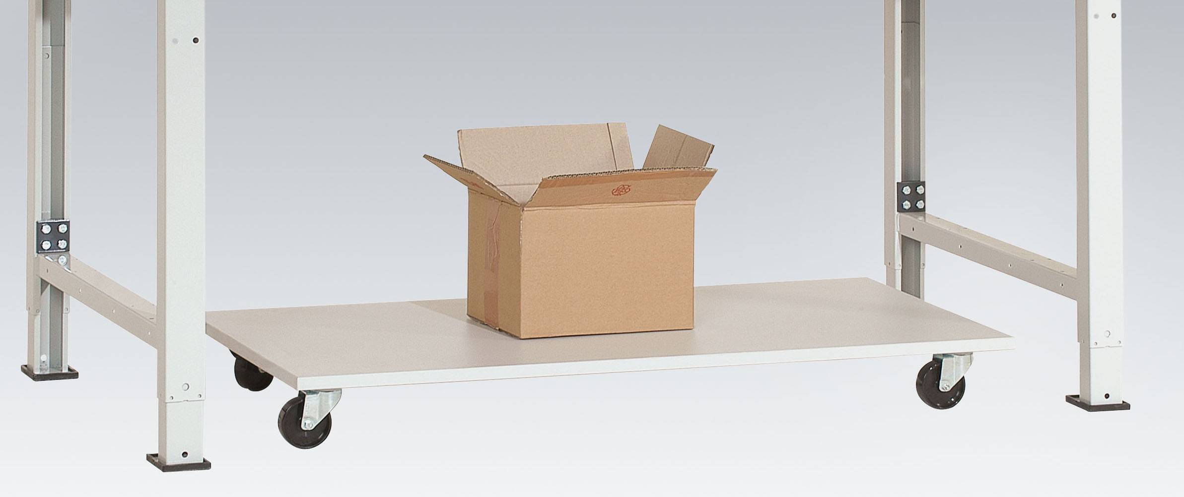Manuflex AS1183.7035 Untertisch-Magazin, fahrbar 1375x500mm, Pl. Melamin lichtgrau mit Bügel 4/3 ( 560/410mm ) RAL7035 lichtgrau