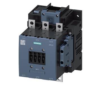 Ein elektrischer Schütz von Siemens in schwarzem und blauem Design, mit Metallkontakten oben; Modellnummern und Markenlogo sichtbar.