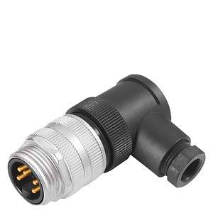 Winkelsteckverbinder mit Metall- und Kunststoffkomponenten, vier Steckkontakte sichtbar, geeignet für industrielle Anwendungen.