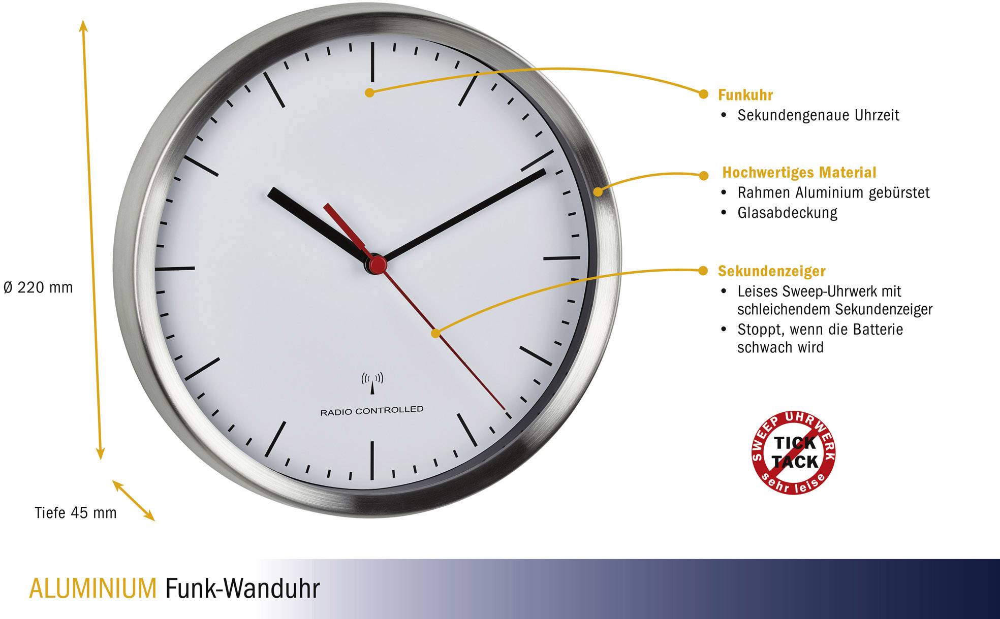 TFA Dostmann 60.3530.02 Funk Wanduhr 220 mm x 45 mm Aluminium (gebürstet)