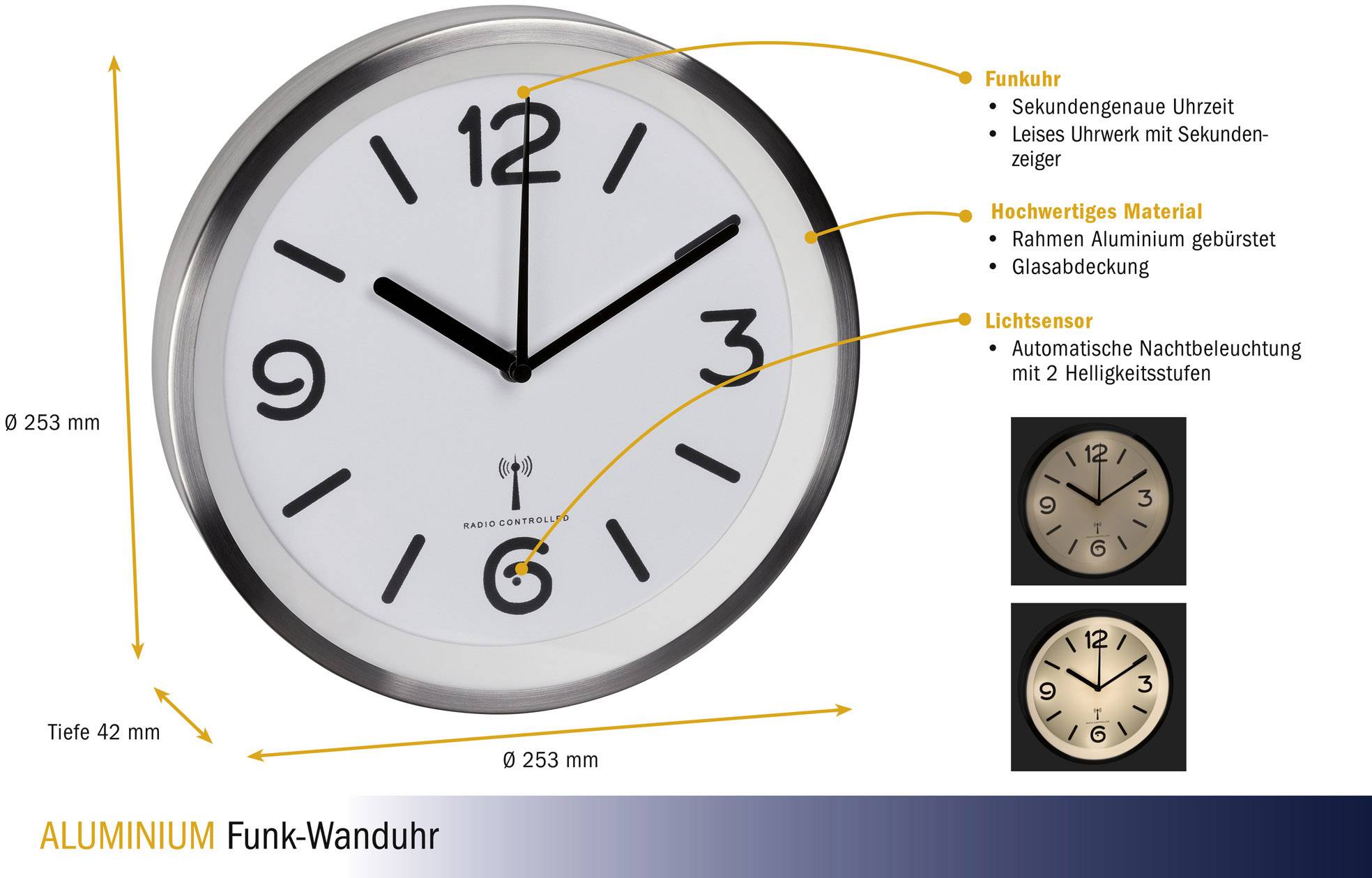 'Aluminium Funk-Wanduhr' mit sekundengenauer Uhrzeit. Rahmen aus gebürstetem Aluminium, Glasabdeckung, automatische Nachtbeleuchtung.