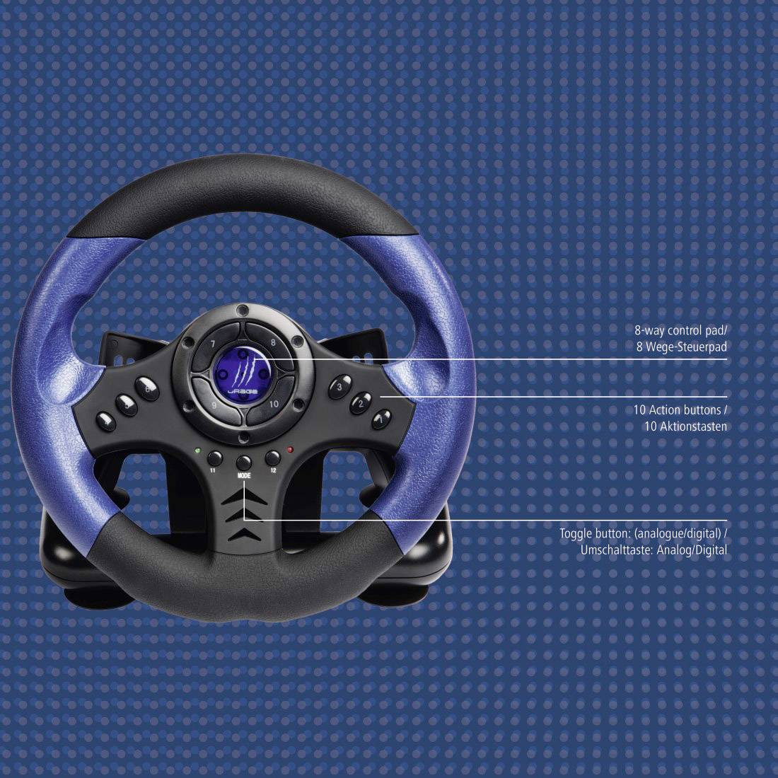 Hama uRage GripZ Lenkrad USB PC Blau, Schwarz inkl. Pedale