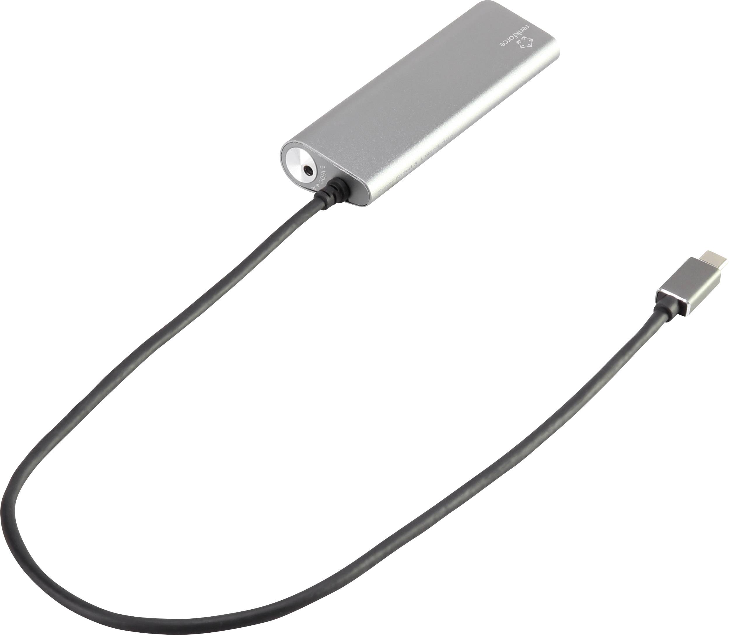 Ein graues USB-C-Kabel mit schmalem, länglichem Adapter, geeignet für Datenübertragung oder Aufladen elektronischer Geräte.