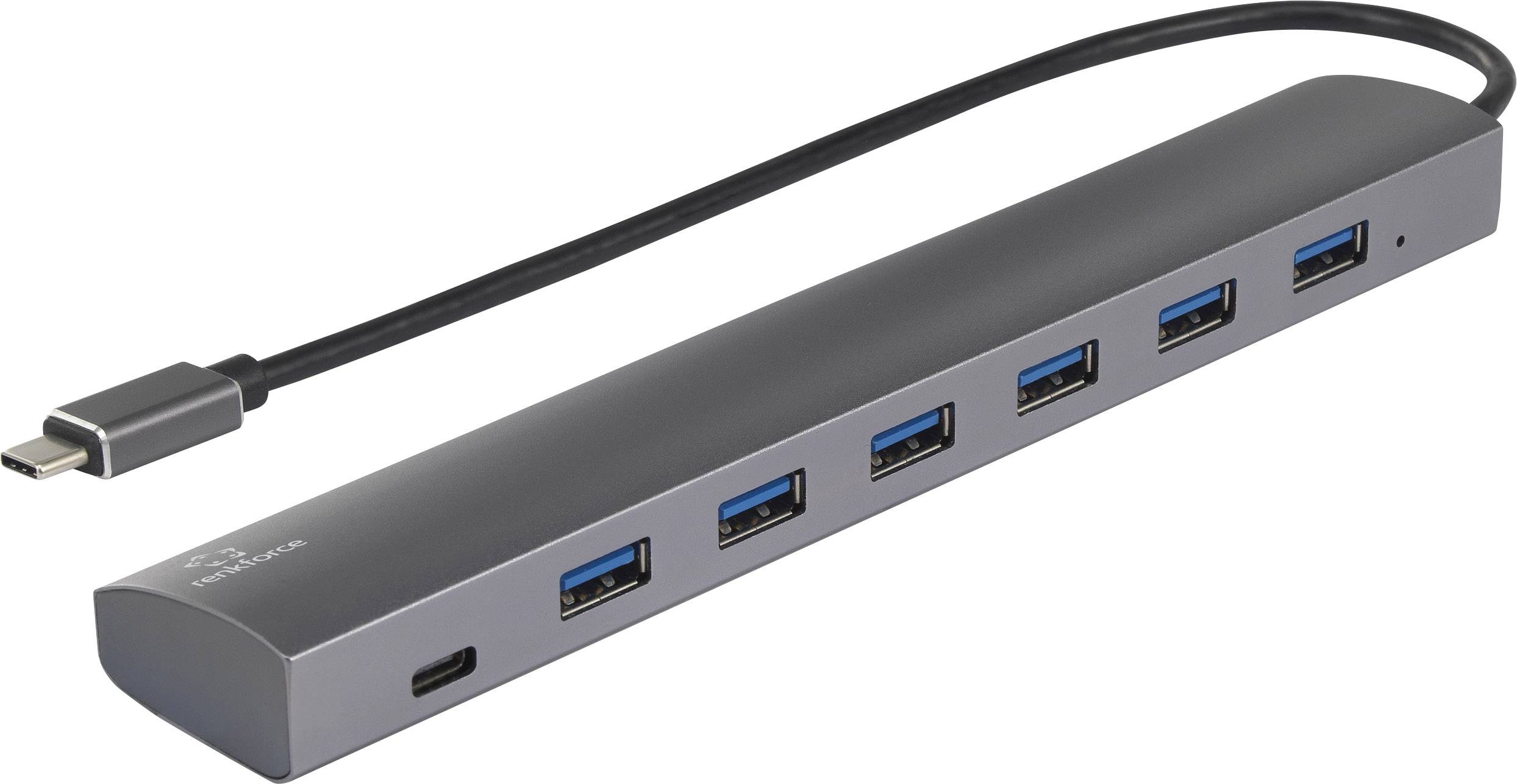 Renkforce 6+1 Port USB 3.1 Gen 1-Hub mit Pass-Through Stromanschluss, mit Aluminiumgehäuse Silber