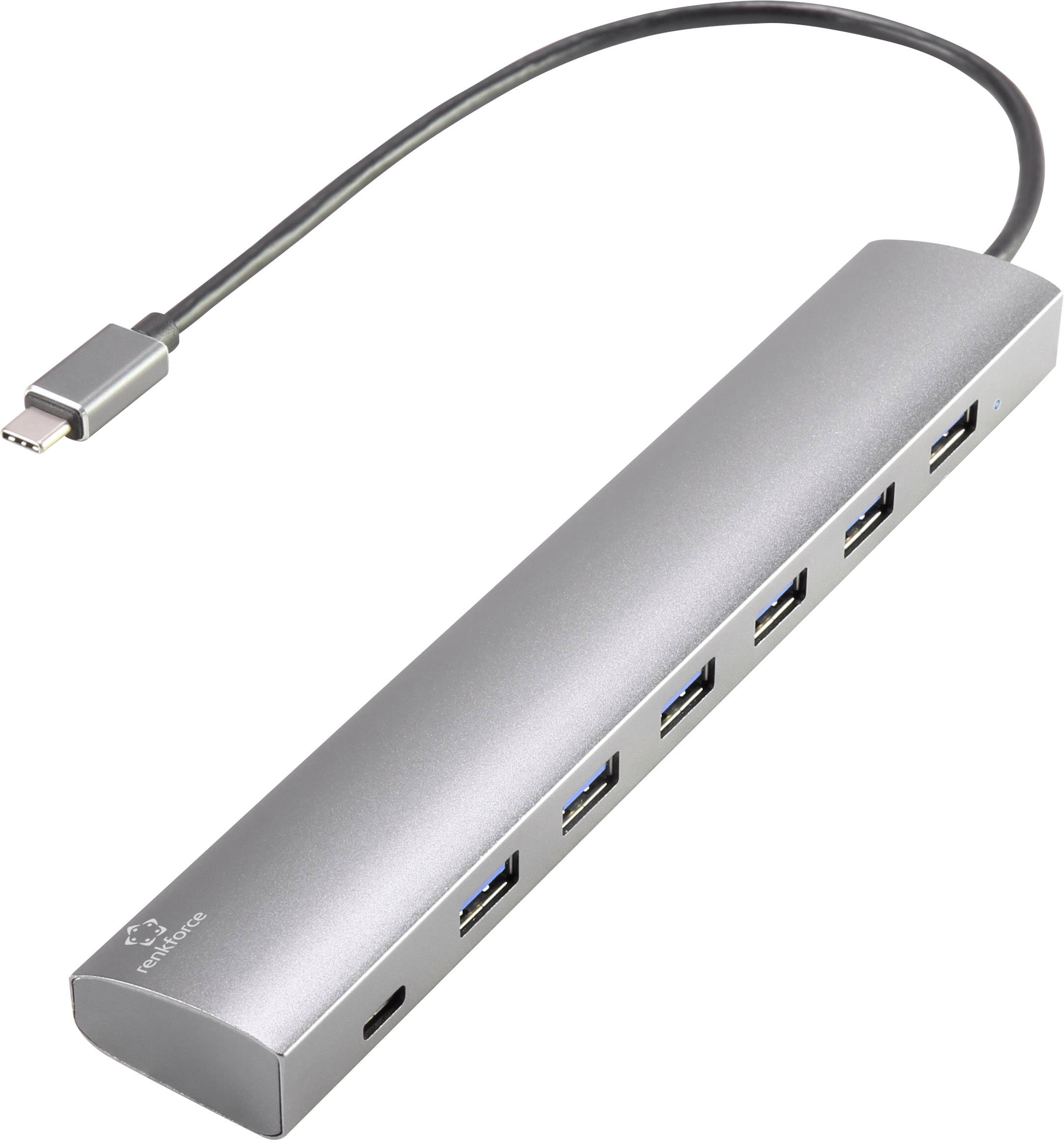 Renkforce 6+1 Port USB 3.1 Gen 1-Hub mit Pass-Through Stromanschluss, mit Aluminiumgehäuse Silber