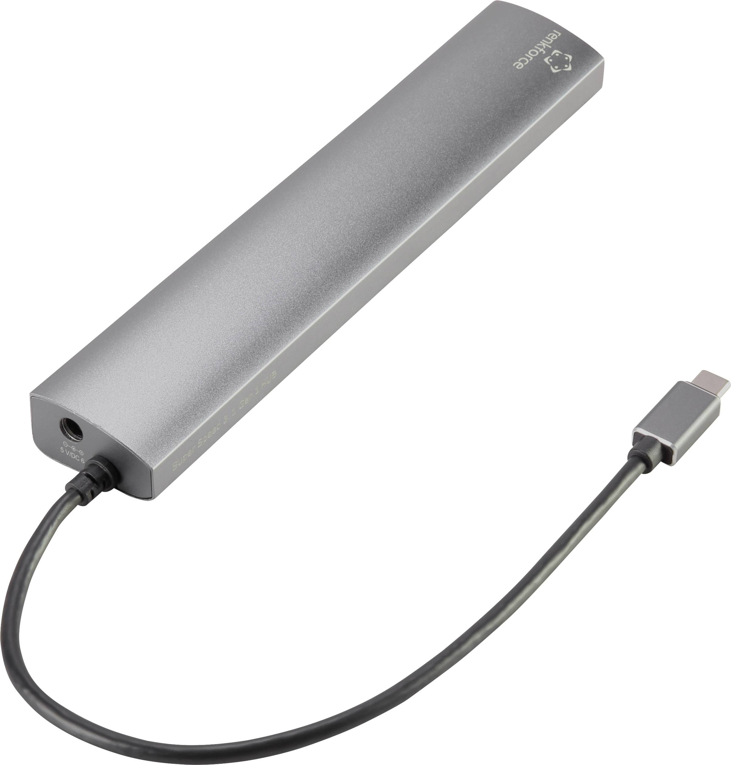 Silberne USB-C-Powerbank mit langem, rechteckigem Design und angeschlossenem Kabel, geeignet zum Aufladen von Mobilgeräten unterwegs.