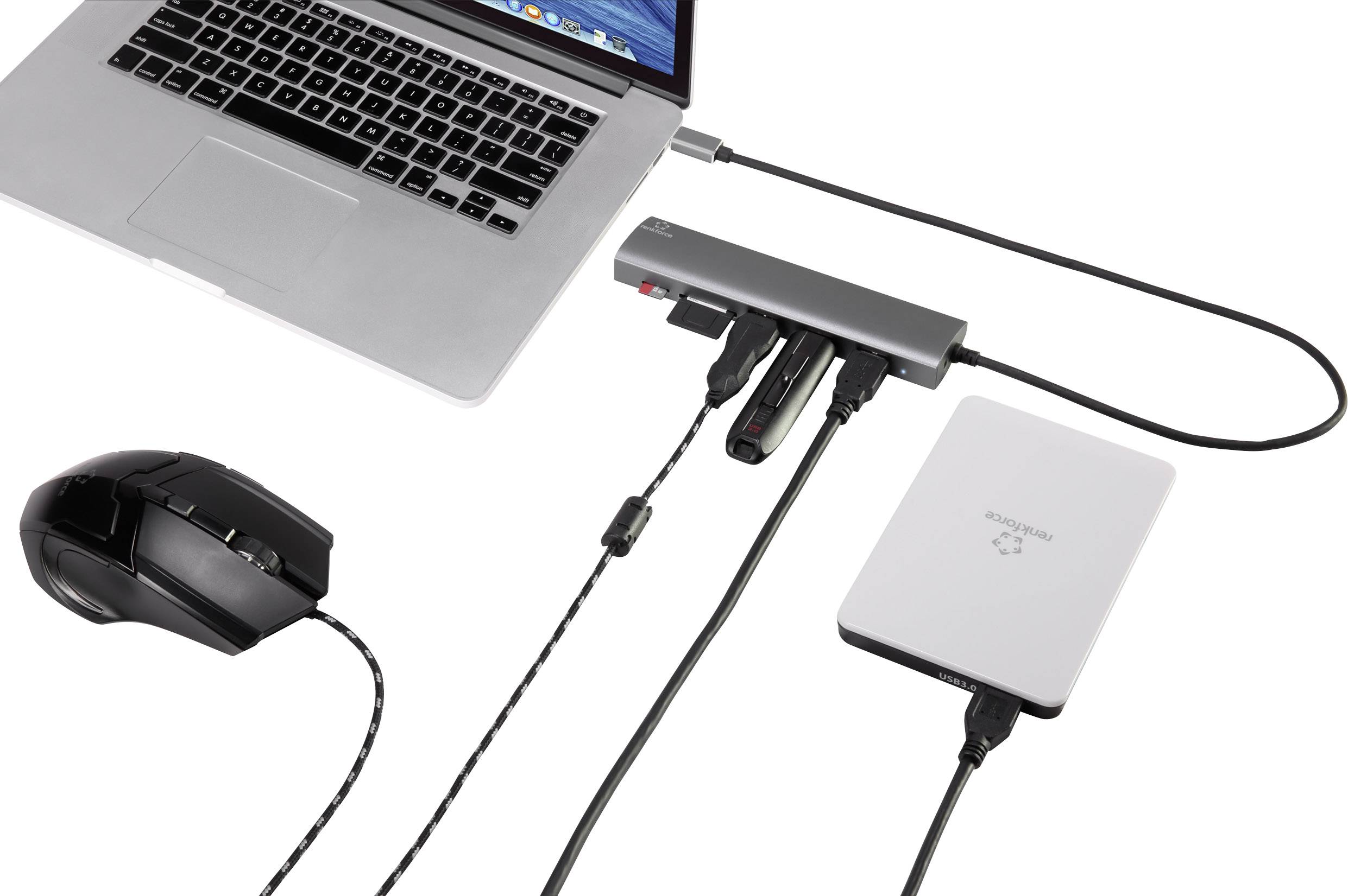 Renkforce 3 Port USB 3.2 Gen 1-Hub (USB 3.0) mit eingebautem SD-Kartenleser, mit Aluminiumgehäuse Silber