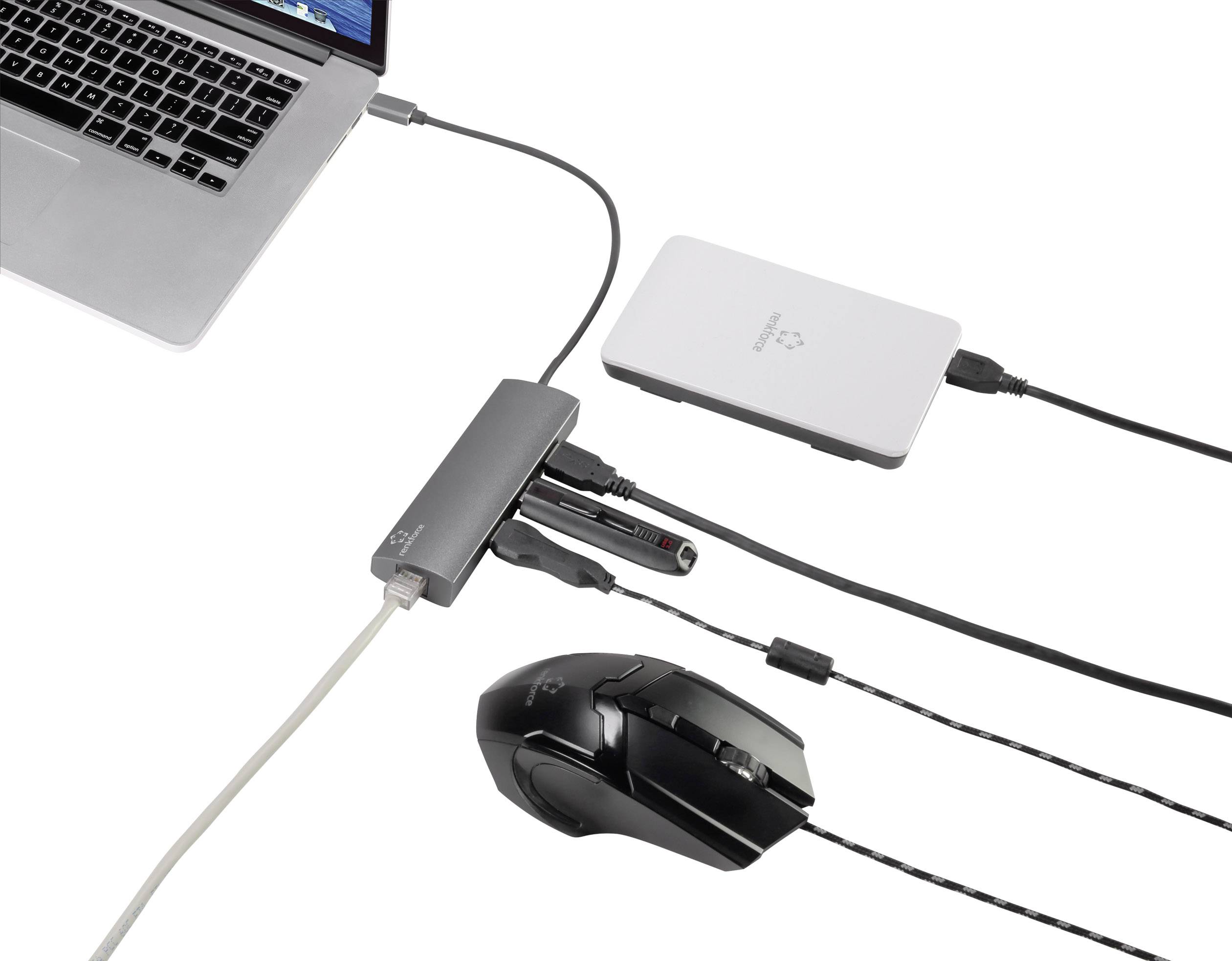 Renkforce 3+1 Port USB 3.2 Gen 2-Hub mit eingebautem Netzwerk-Anschluss, mit Aluminiumgehäuse Silbe