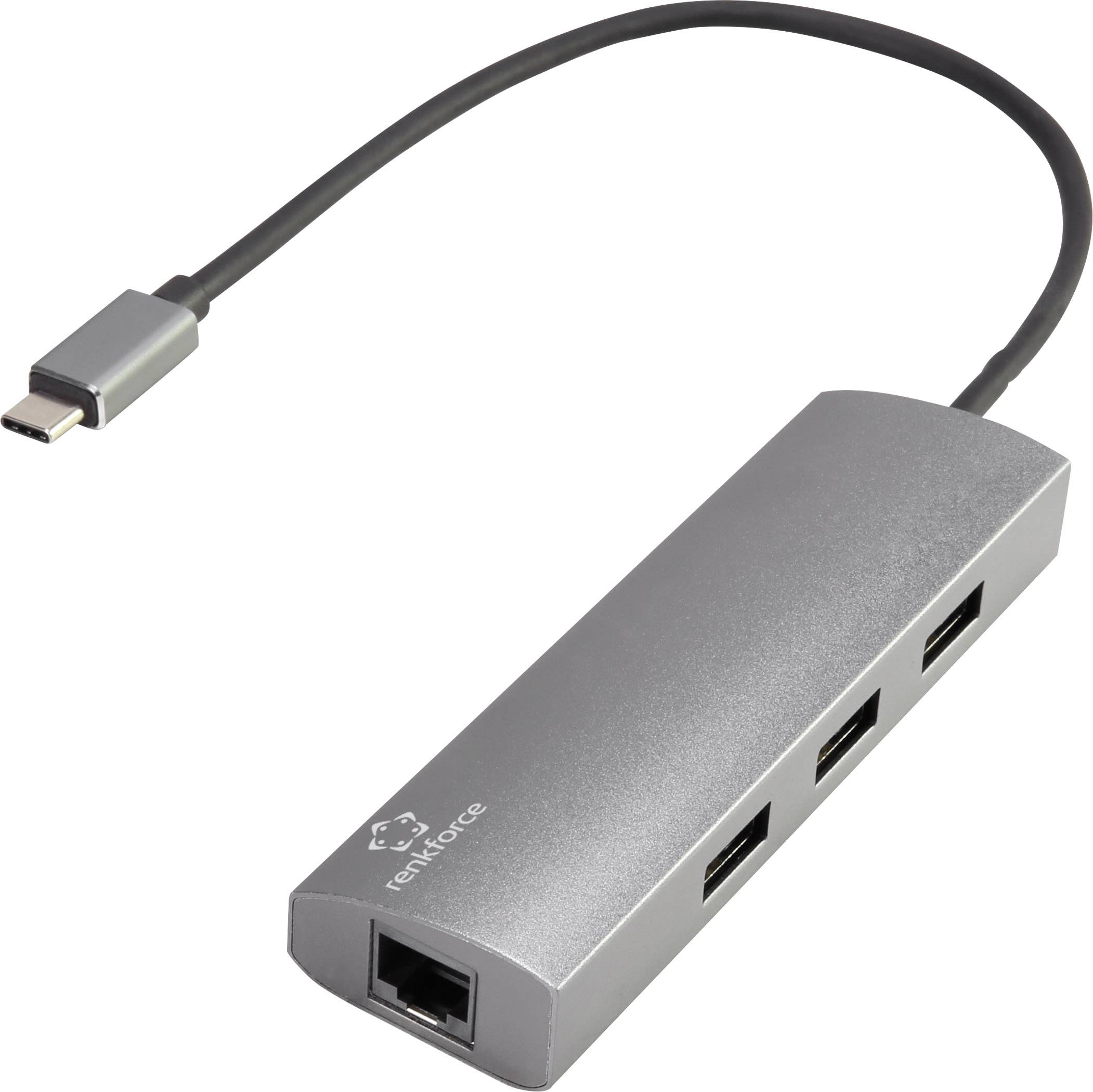 Ein silberner USB-C-Hub mit drei USB-A-Anschlüssen und einem Ethernet-Port.