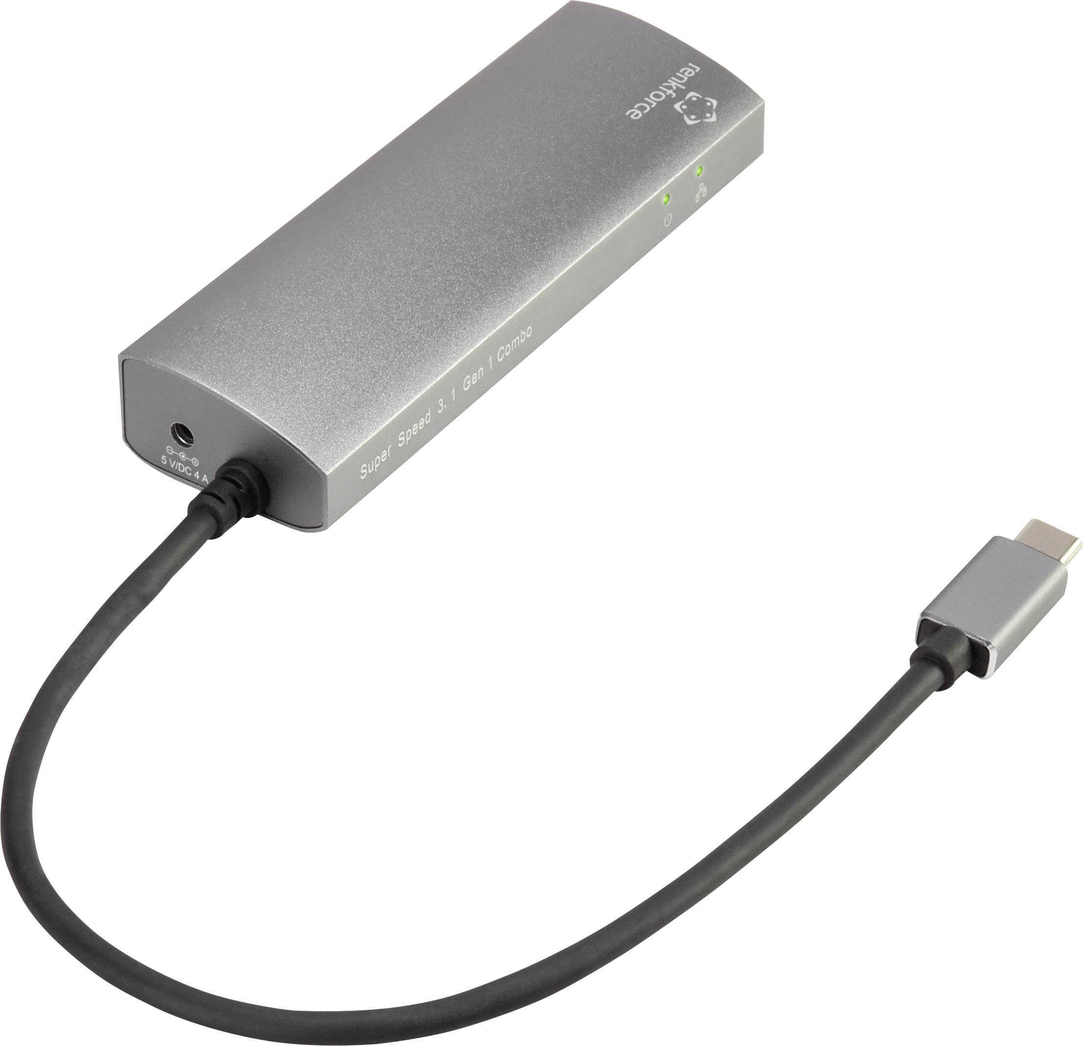 Renkforce 3+1 Port USB 3.2 Gen 2-Hub mit eingebautem Netzwerk-Anschluss, mit Aluminiumgehäuse Silber
