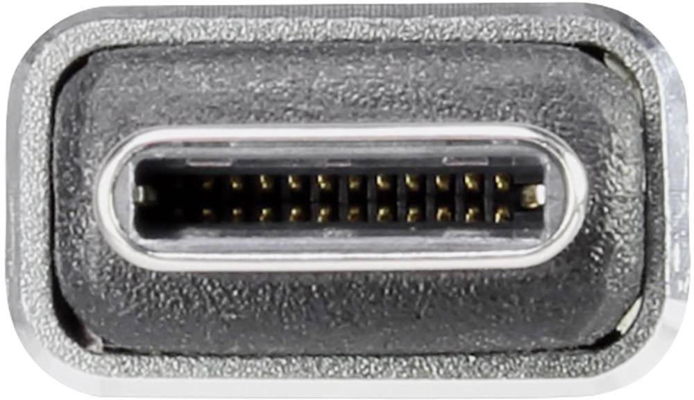 Nahaufnahme eines USB-C-Anschlusses mit ovaler Form und mehreren sichtbaren kleinen Metallkontakten im Inneren.