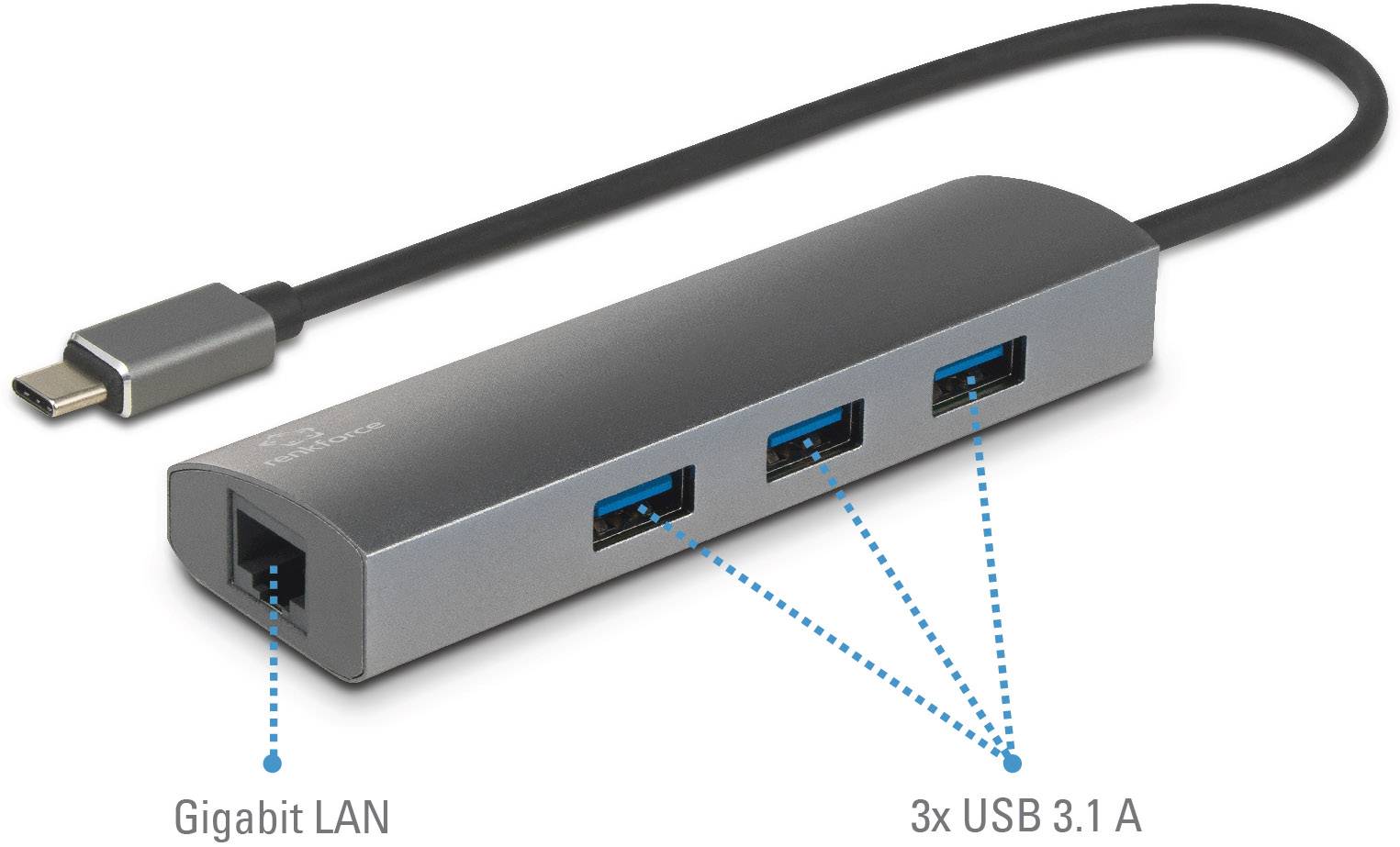 USB-C-Hub mit einem Gigabit-LAN-Anschluss und drei USB 3.1 Anschlüssen.