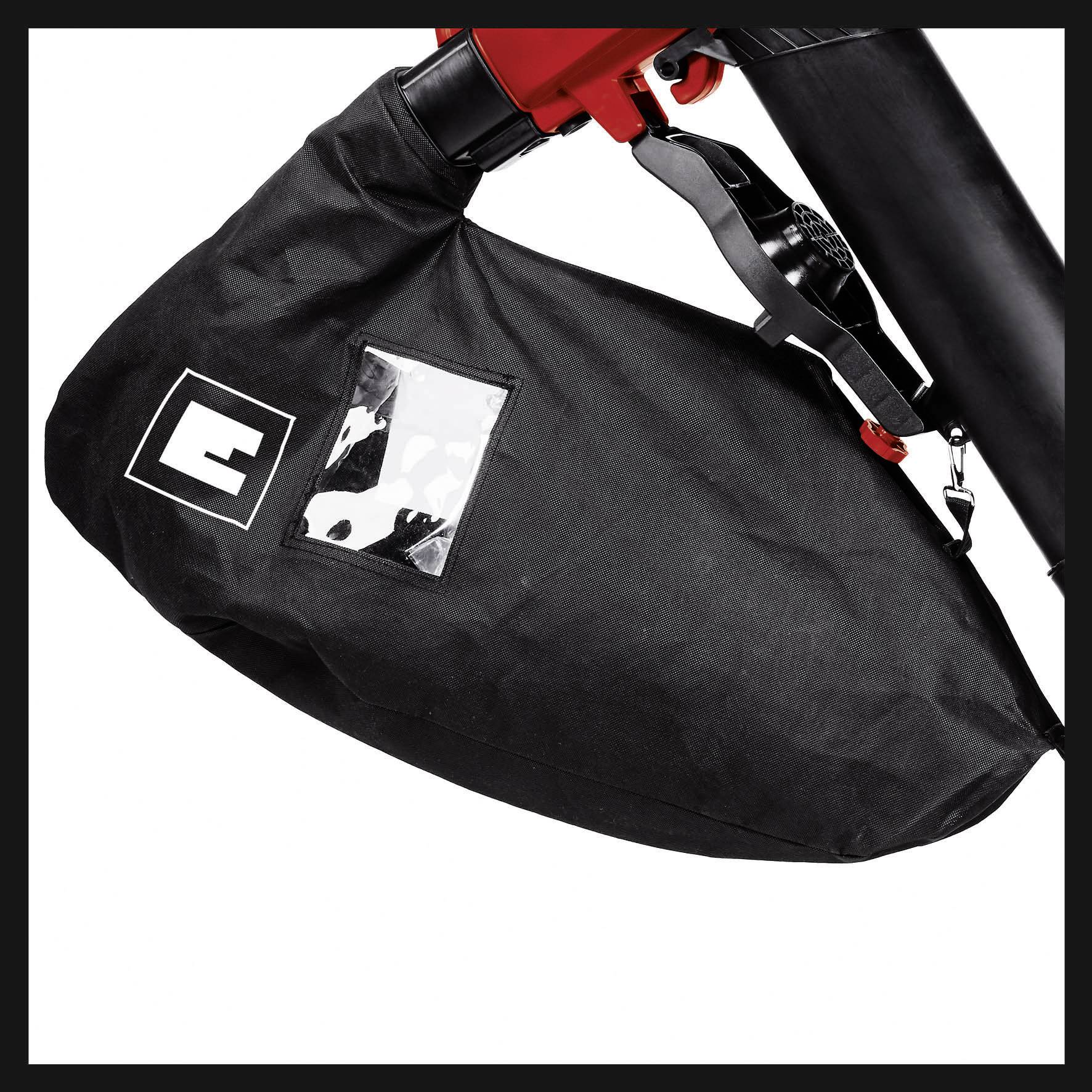 Schwarze Fahrradtasche aus robustem Material, am Rahmen befestigt. Eine durchsichtige Tasche enthält ein weiß-schwarzes Muster.