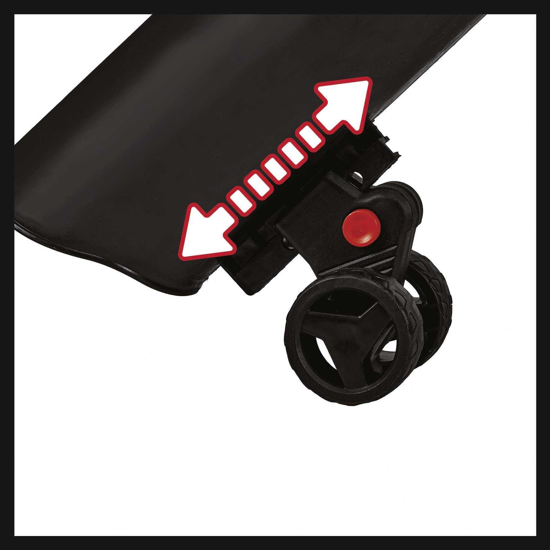 Nahaufnahme eines schwarzen Kinderwagenrads mit roten Pfeilen nach links und rechts, die auf eine bewegliche Komponente hinweisen.