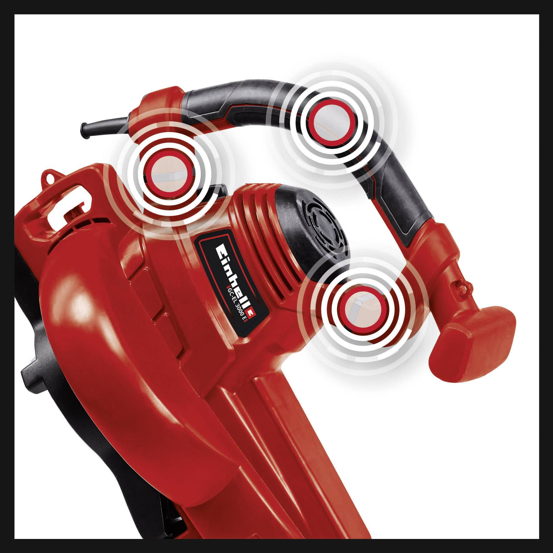 Roter Laubbläser mit betontem Griff- und Bedienelement, Modell 'Einhell'. Vibrationen werden an verschiedenen Punkten dargestellt.