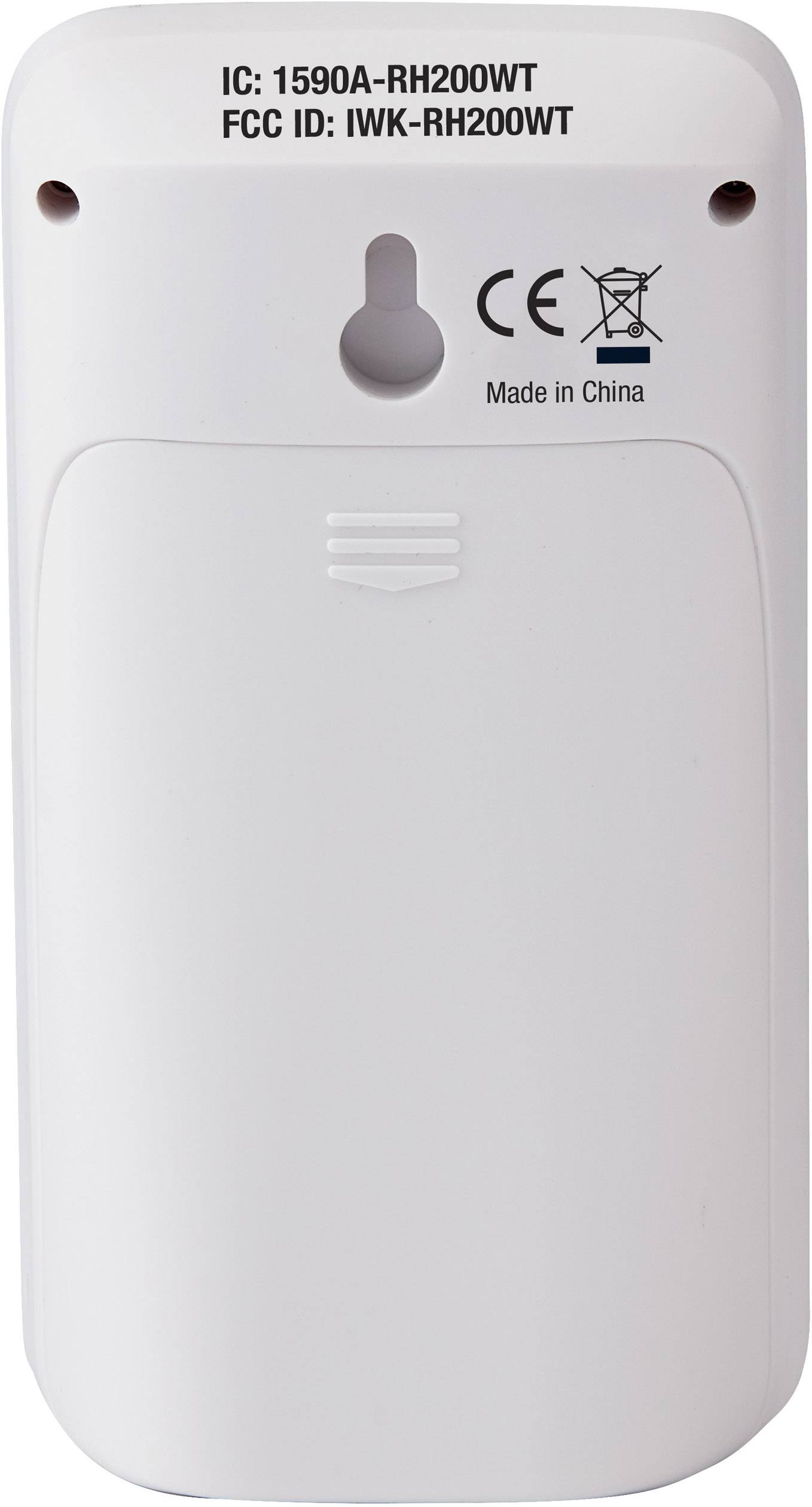Die Rückseite eines weißen elektronischen Geräts mit Modellnummer 'IC: 1590A-RH200WT'. 'Made in China' und CE-Kennzeichnung sichtbar.