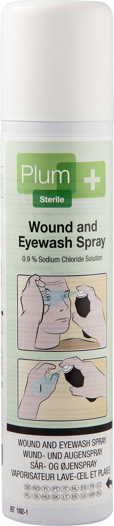 Sprühflasche mit Aufschrift 'Plum Sterile Wound and Eyewash Spray'. Anweisungen zur Anwendung in drei Schritten auf dem Etikett.