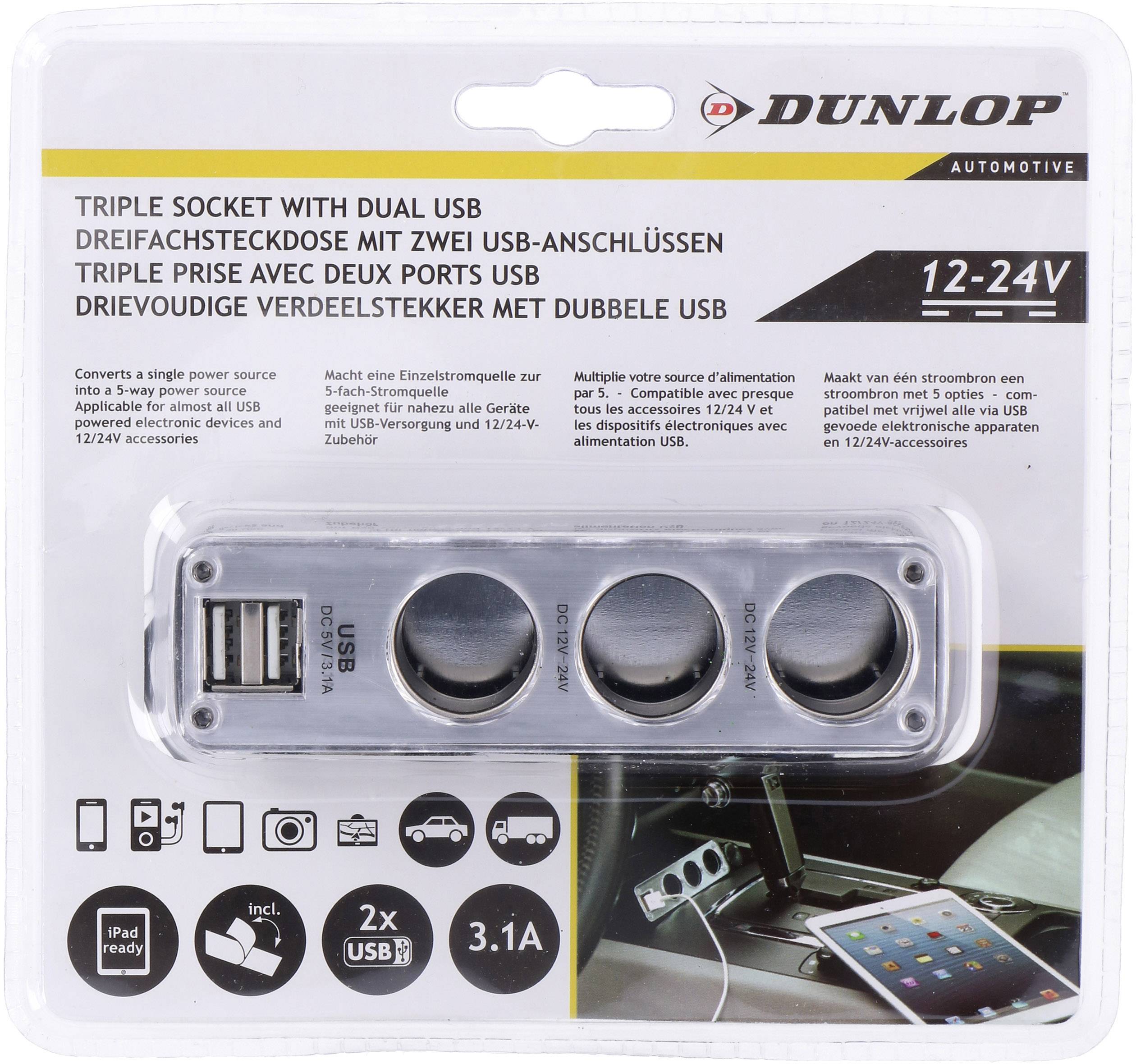 Dunlop 05832 Zigarettenanzünder-Verteiler Anzahl Zigarettenkupplungen 3 x Schnittstellen: USB 2 x Belastbarkeit Strom max. 3.1 A