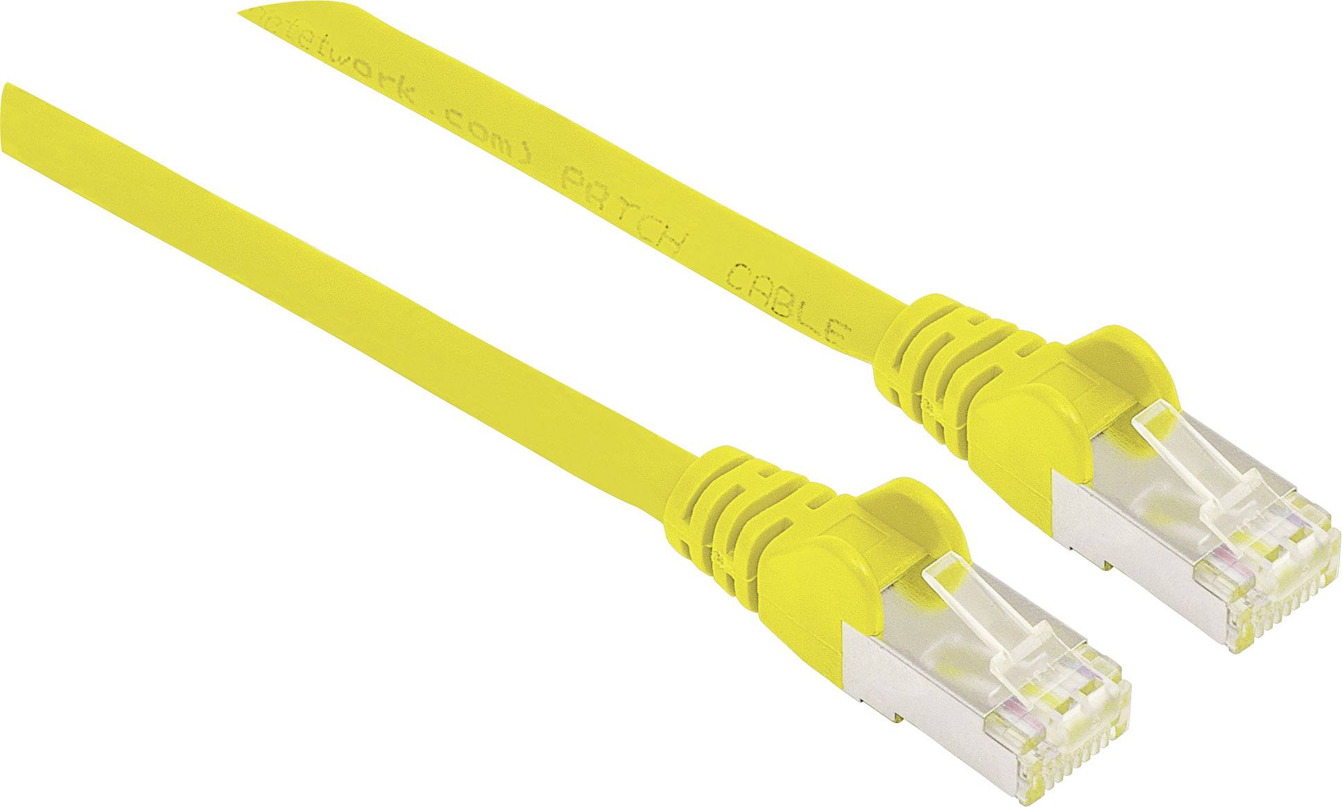 Gelbes Netzwerkkabel mit zwei RJ45-Steckern, geeignet für Ethernet-Verbindungen in Heim- oder Büronetzwerken.