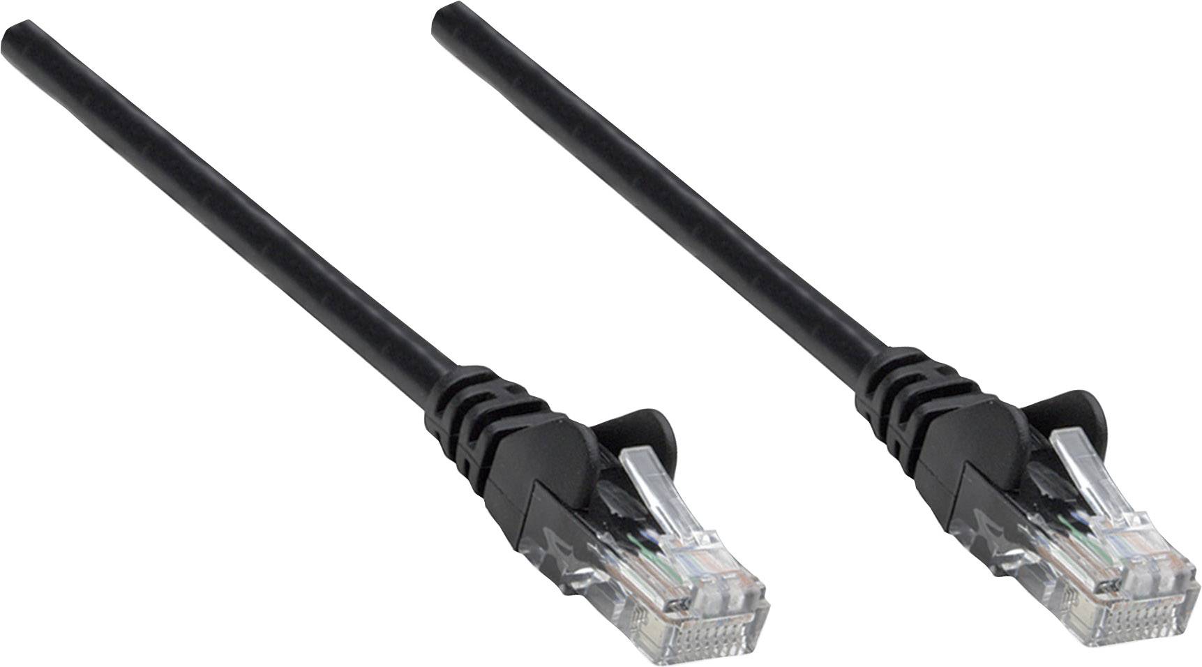 Zwei schwarze Ethernet-Kabel mit RJ45-Steckern an beiden Enden, geeignet für Netzwerkverbindungen.