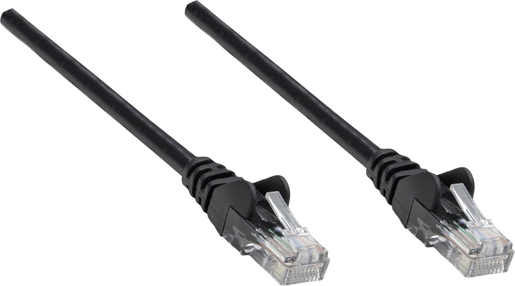Zwei schwarze Netzwerkkabel mit RJ45-Steckern an beiden Enden auf weißem Hintergrund.