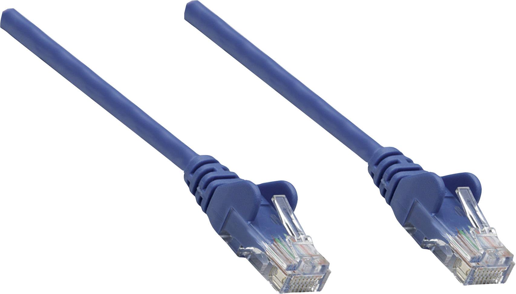 Zwei blaue Ethernet-Kabel mit transparenten Steckern, nebeneinander liegend, auf weißem Hintergrund, für Netzwerkverbindungen.