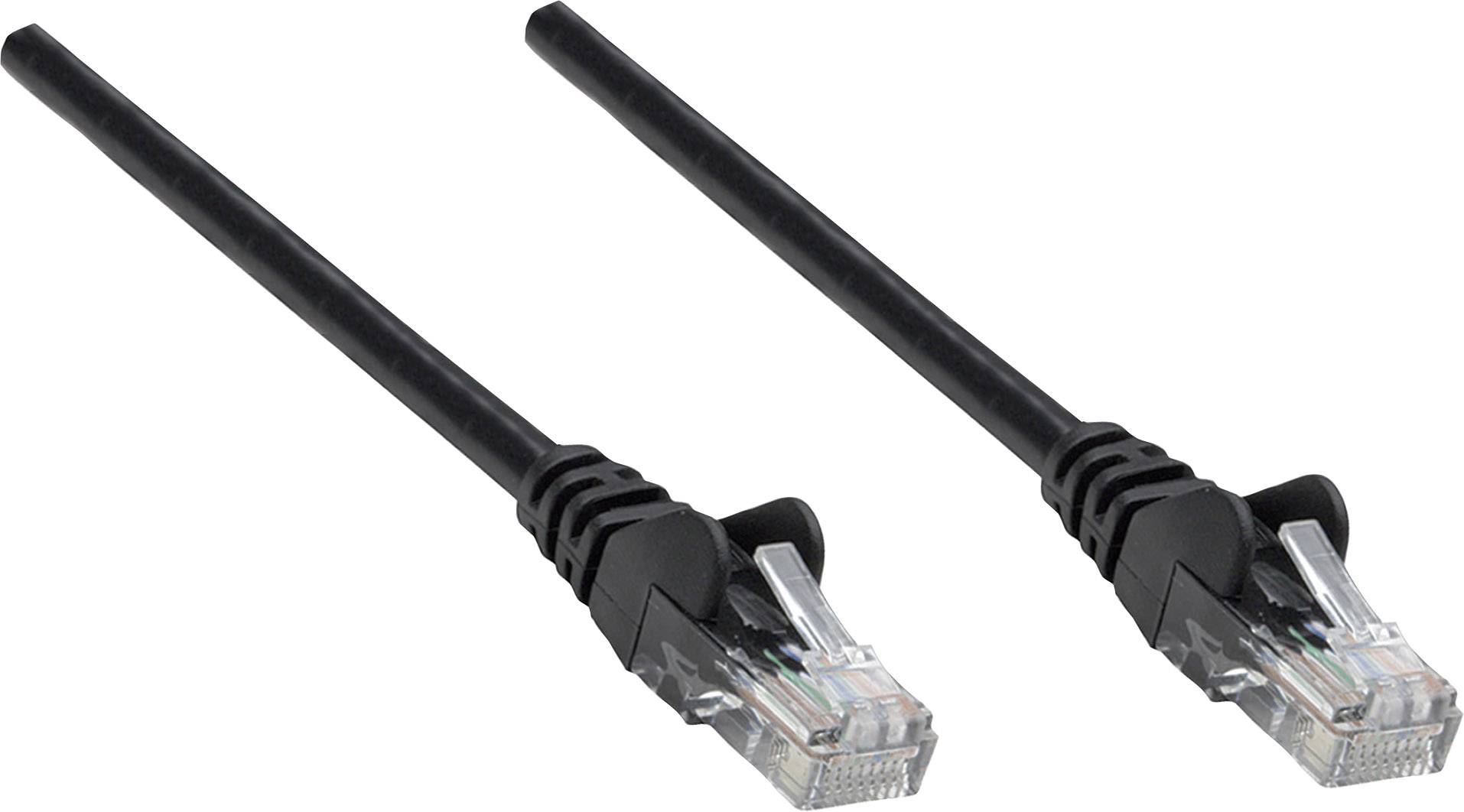 Zwei schwarze Ethernet-Kabel mit RJ45-Steckern zeigen in dieselbe Richtung.