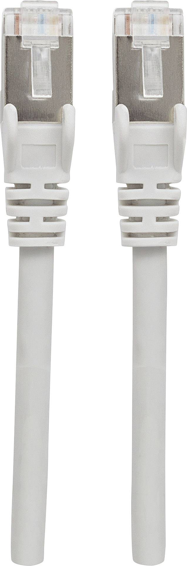 Zwei weiße Ethernet-Kabel mit RJ45-Steckern, die nebeneinander angeordnet sind.
