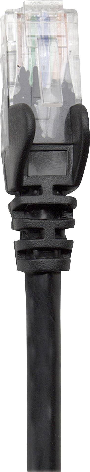 Nahaufnahme eines schwarzen Ethernet-Kabels mit einem durchsichtigen, mehrfarbigen Stecker, der für Netzwerkverbindungen genutzt wird.