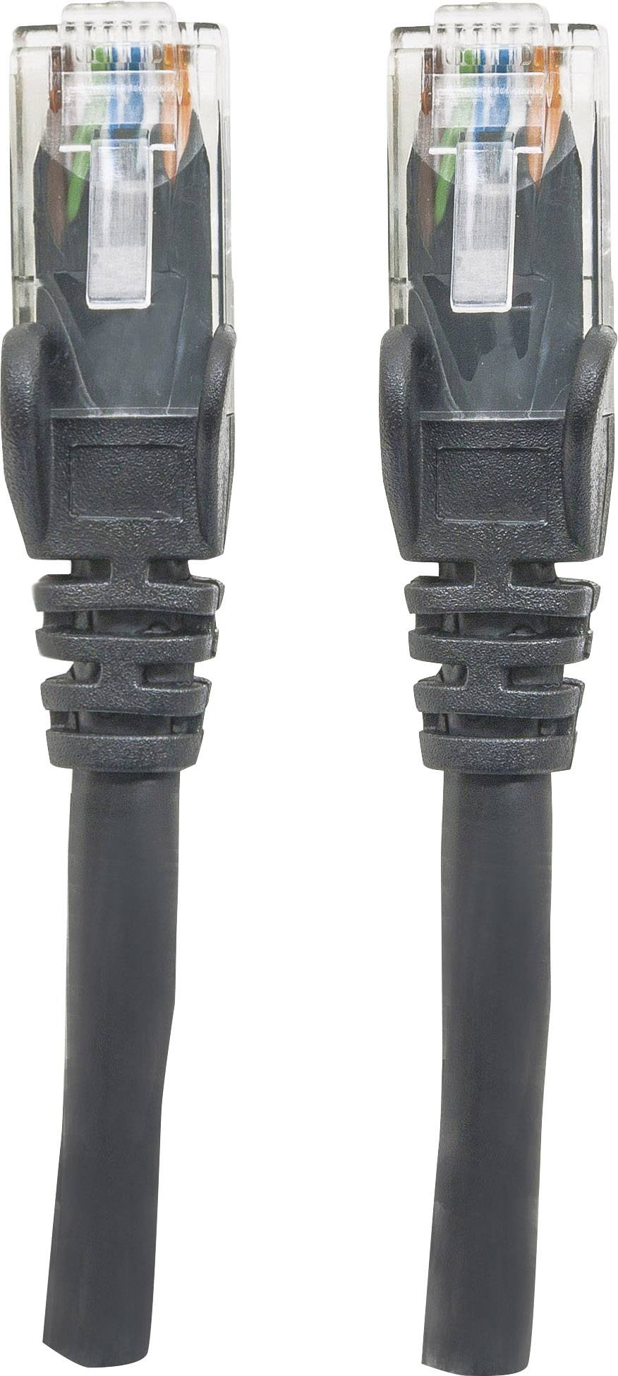 Zwei schwarze Ethernet-Kabel mit transparenten RJ-45-Steckern an den Enden, die parallel nebeneinander liegen.