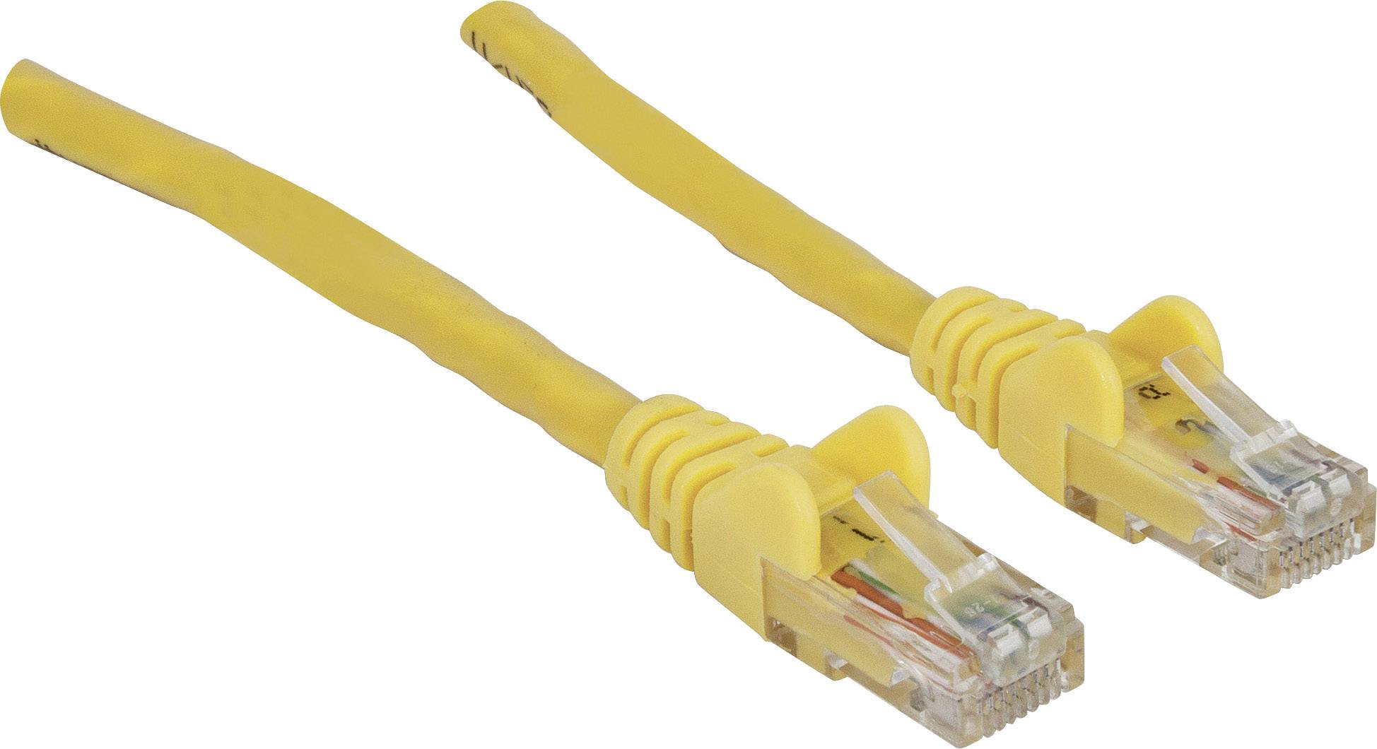 Zwei gelbe Ethernet-Kabel mit RJ45-Steckern, nebeneinander liegend.