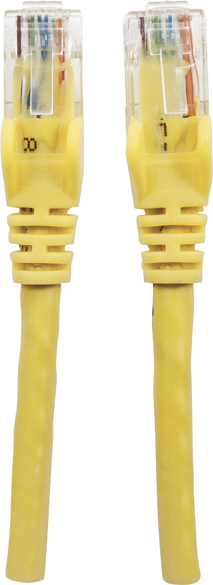 Gelbes Ethernet-Kabel mit zwei RJ45-Steckern, geeignet für Netzwerkverbindungen.
