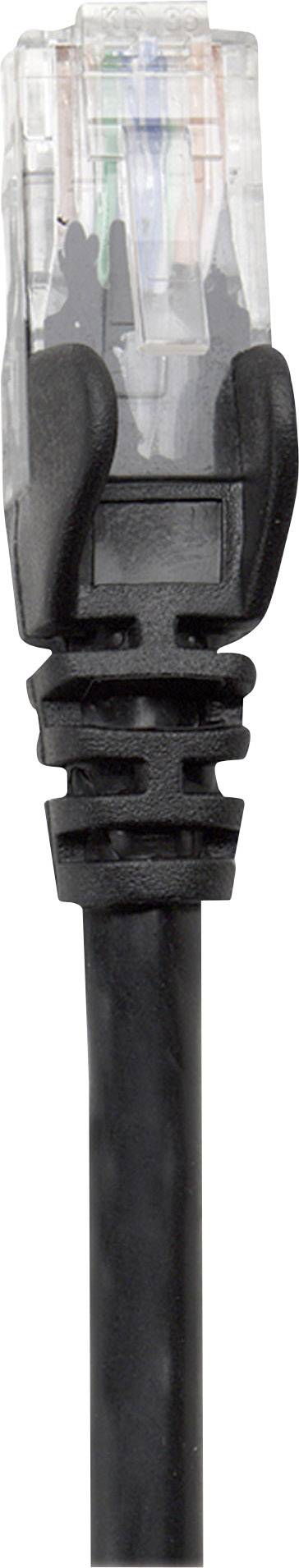 Nahaufnahme eines schwarzen Netzwerkkabels mit transparentem RJ-45-Stecker.