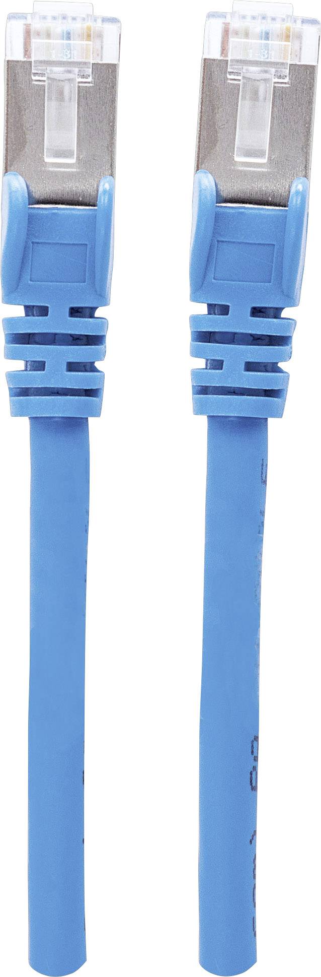 Zwei blaue Ethernet-Kabel mit RJ45-Steckern nebeneinander, verwendet zur Netzwerkverbindung.