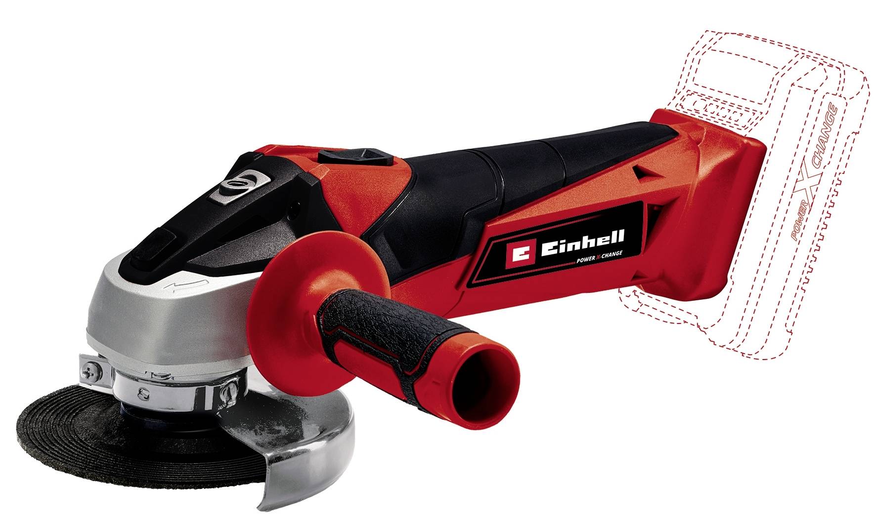 Einhell Winkelschleifer in Rot-Schwarz mit trennbarem Griff und Schutzhaube, zeigt Nutzung für Schleifarbeiten.
