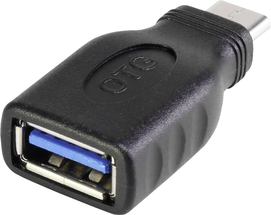 'Ein schwarzer Adapter mit USB-C- auf USB-A-Anschluss, gekennzeichnet mit 