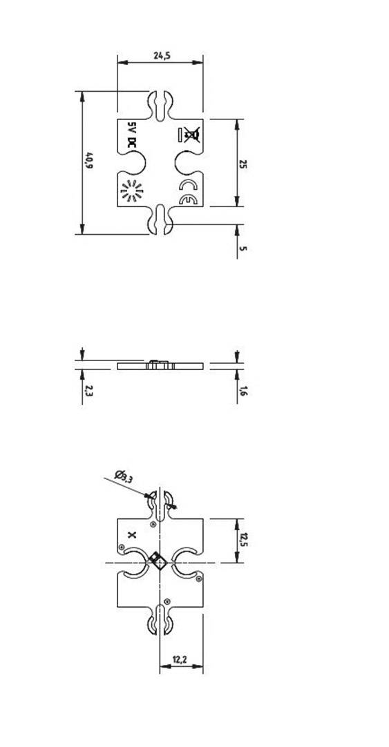 Technische Zeichnung eines Profils. Oben und unten Ansichten von oben und von der Seite mit Maßen wie 24,5 und 12,5 mm.
